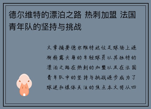 德尔维特的漂泊之路 热刺加盟 法国青年队的坚持与挑战