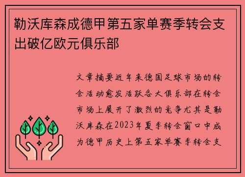 勒沃库森成德甲第五家单赛季转会支出破亿欧元俱乐部
