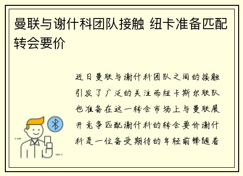 曼联与谢什科团队接触 纽卡准备匹配转会要价