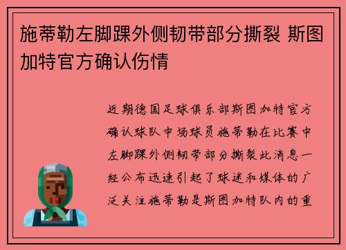 施蒂勒左脚踝外侧韧带部分撕裂 斯图加特官方确认伤情