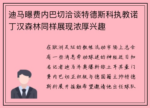 迪马曝费内巴切洽谈特德斯科执教诺丁汉森林同样展现浓厚兴趣